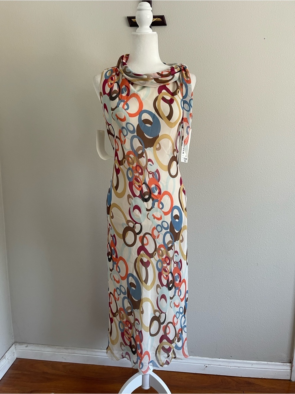 Sleeveless Cowl Neck Multicolor Ring-Print Maxi Dress